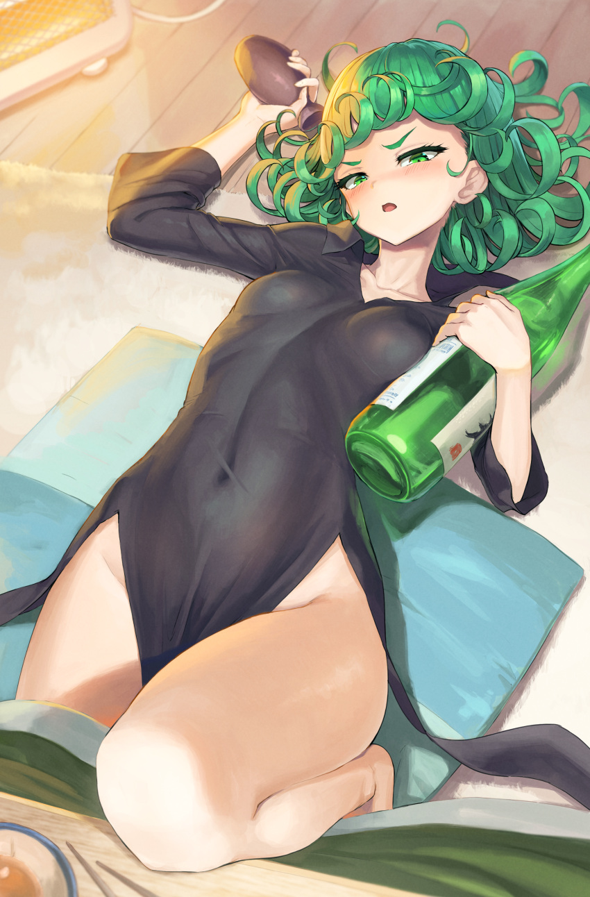 1girl absurdres black_dress blush bottle breasts collarbone collared_dress covered_navel dress flipped_hair green_eyes green_hair half-closed_eyes heater highres holding holding_bottle knee_up long_sleeves looking_at_viewer lying on_back one-punch_man pelvic_curtain rug sai_(abyss05) small_breasts solo tatsumaki thighs tokkuri v-shaped_eyebrows wooden_floor