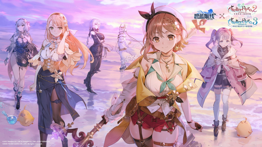 6+girls animal ankle_boots armor armored_boots asymmetrical_sleeves atelier_(series) atelier_ryza atelier_ryza_2 atelier_ryza_3 azur_lane bag bangs bare_shoulders belt beret bird blonde_hair boots braid breasts brown_eyes brown_hair buttons cleavage cloud cloudy_sky coat collarbone company_connection copyright_name corset crossed_arms dress earrings fingerless_gloves from_side full_body garter_straps gloves gold_trim gradient gradient_sky green_eyes hair_ornament hairband hairclip halterneck hand_up hat high_heels highres holding jewelry kala_ideas key key_necklace klaudia_valentz large_breasts lila_decyrus logo long_hair long_sleeves looking_at_viewer manjuu_(azur_lane) multiple_girls necklace o-ring ocean off_shoulder official_art outdoors pale_skin pantyhose patricia_abelheim pink_hair puffy_short_sleeves puffy_sleeves reisalin_stout ribbon serri_glaus shiny shiny_hair shiny_skin shore short_dress short_hair short_shorts short_sleeves shorts side_slit simple_background skirt sky smile staff standing thigh_strap tiara twintails water yd_(orange_maru)
