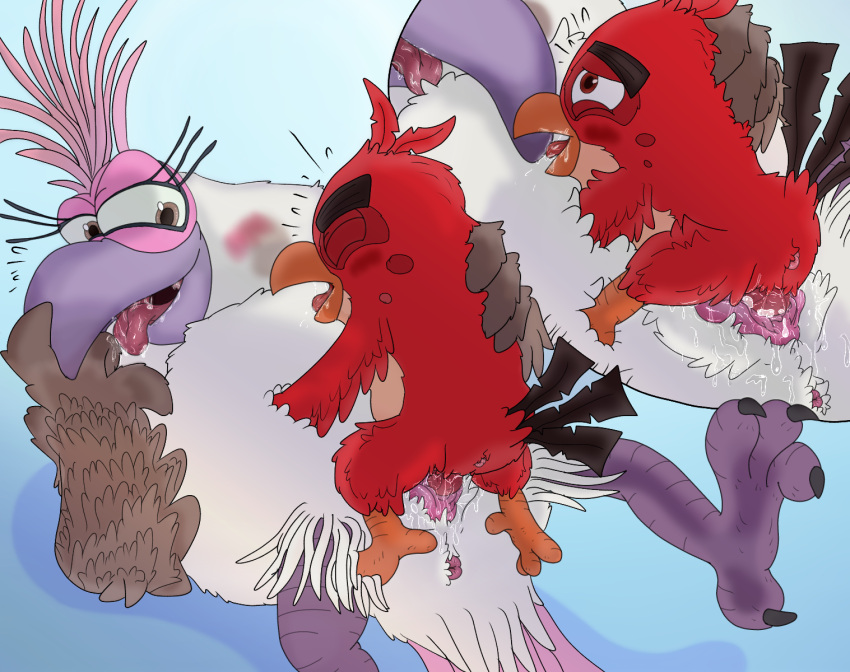 angry_birds anthro avian beak bird bodily_fluids debbie_(angry_birds) digital_media_(artwork) duo female from_front_position genital_fluids hi_res larger_female lying male male/female missionary_position nietvart on_back open_beak open_mouth penetration pussy_juice red_(angry_birds) sex simple_background size_difference tongue tongue_out vaginal vaginal_penetration