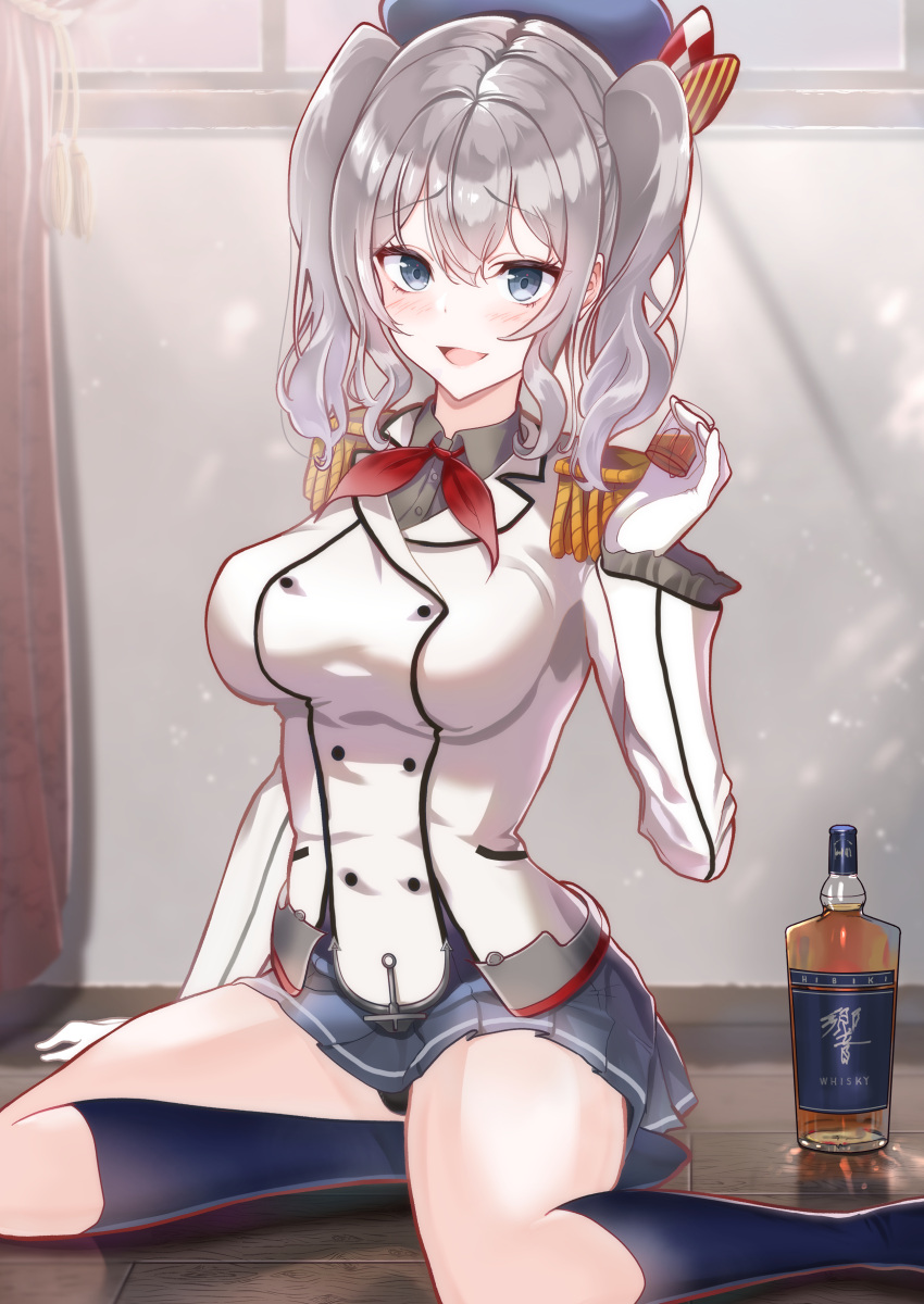 1girl absurdres alcohol beret black_headwear black_skirt black_socks blue_eyes bottle breasts buttons cup double-breasted drinking_glass epaulettes frilled_sleeves frills gloves grey_hair hat highres holding holding_cup jacket kantai_collection kashima_(kancolle) large_breasts long_sleeves military military_jacket military_uniform miniskirt neckerchief open_mouth pleated_skirt red_neckerchief shot_glass sidelocks sitting skirt socks solo taki_rentaro twintails uniform wavy_hair whiskey white_gloves white_jacket yokozuwari