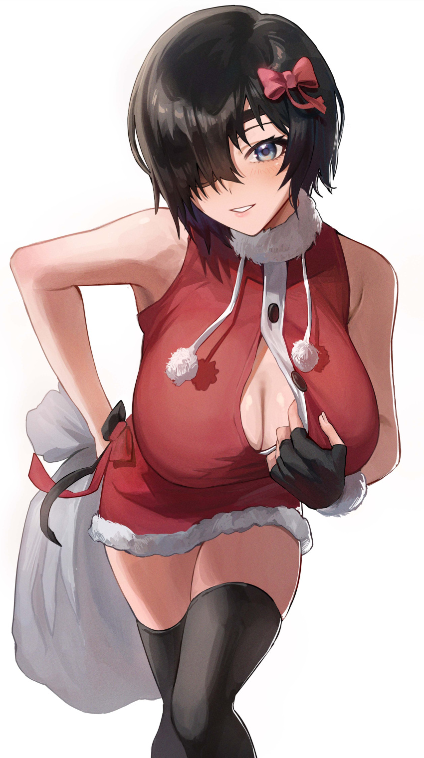 1girl absurdres alternate_costume bare_shoulders black_gloves black_hair black_thighhighs blue_eyes bow breasts chainsaw_man christmas cleavage clothes_pull cozyu dress dress_pull eyepatch fingerless_gloves fur_collar gloves grin hair_bow hand_on_hip highres himeno_(chainsaw_man) leaning_forward partially_unbuttoned pom_pom_(clothes) pulled_by_self red_bow sack santa_costume santa_dress short_dress short_hair simple_background sleeveless sleeveless_dress smile solo thighhighs white_background zettai_ryouiki