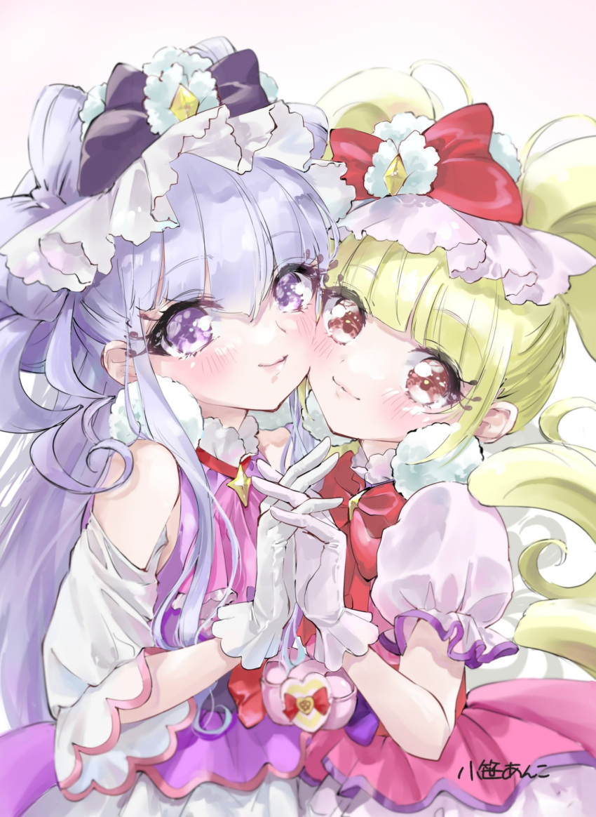 2girls aisaki_emiru bangs blonde_hair blunt_bangs blush bow brown_eyes commentary_request cure_amour cure_macherie drill_hair duko gloves hair_bow heart_pouch highres holding_hands hugtto!_precure long_hair magical_girl multiple_girls precure puffy_short_sleeves puffy_sleeves purple_eyes purple_hair ruru_amour short_sleeves smile twin_drills white_background white_gloves