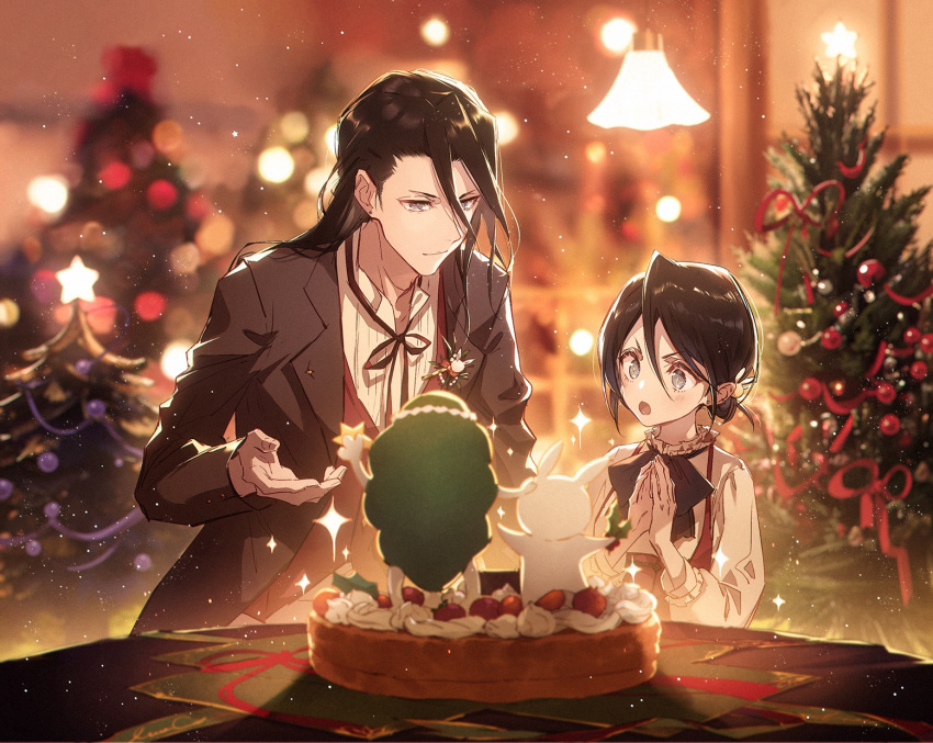 &gt;:) +_+ 1boy 1girl bangs black_bow black_bowtie black_eyes black_hair black_ribbon black_suit bleach blush bow bowtie box breasts cake christmas christmas_star christmas_tree earrings eyelashes food formal fruit gift gift_box hair_between_eyes highres indoors jewelry kieta kuchiki_byakuya kuchiki_rukia light long_hair long_sleeves looking_at_another looking_at_food medium_hair nose open_hand open_mouth own_hands_together ribbon shadow shirt siblings sidelocks small_breasts smile sparkle sparkling_eyes strawberry stud_earrings suit surprised table v-shaped_eyebrows white_shirt wide-eyed