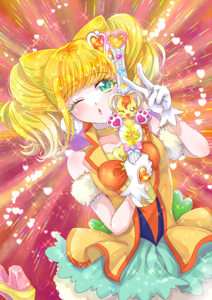 aqua_eyes bangs blonde_hair blunt_bangs choker commentary_request cone_hair_bun cure_sparkle earrings gloves hair_bun hair_ornament healin'_good_precure healing_wand heart heart_hair_ornament highres hiramitsu_hinata jewelry long_hair magical_girl one_eye_closed open_mouth pom_pom_(clothes) pom_pom_earrings precure twintails v vest waka_(negronoir) white_gloves yellow_choker yellow_vest