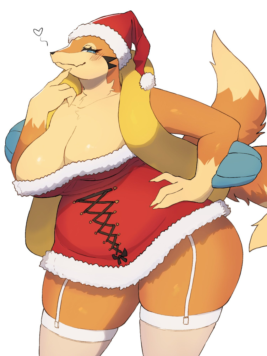 &lt;3 3:4 anthro baburusushi biped blush breasts christmas christmas_clothing christmas_headwear cleavage clothed clothing eyelashes female floatzel front_view generation_4_pokemon hat headgear headwear hi_res holidays legwear looking_at_viewer nintendo orange_body pokemon pokemon_(species) santa_hat simple_background smile solo thick_thighs thigh_highs white_background