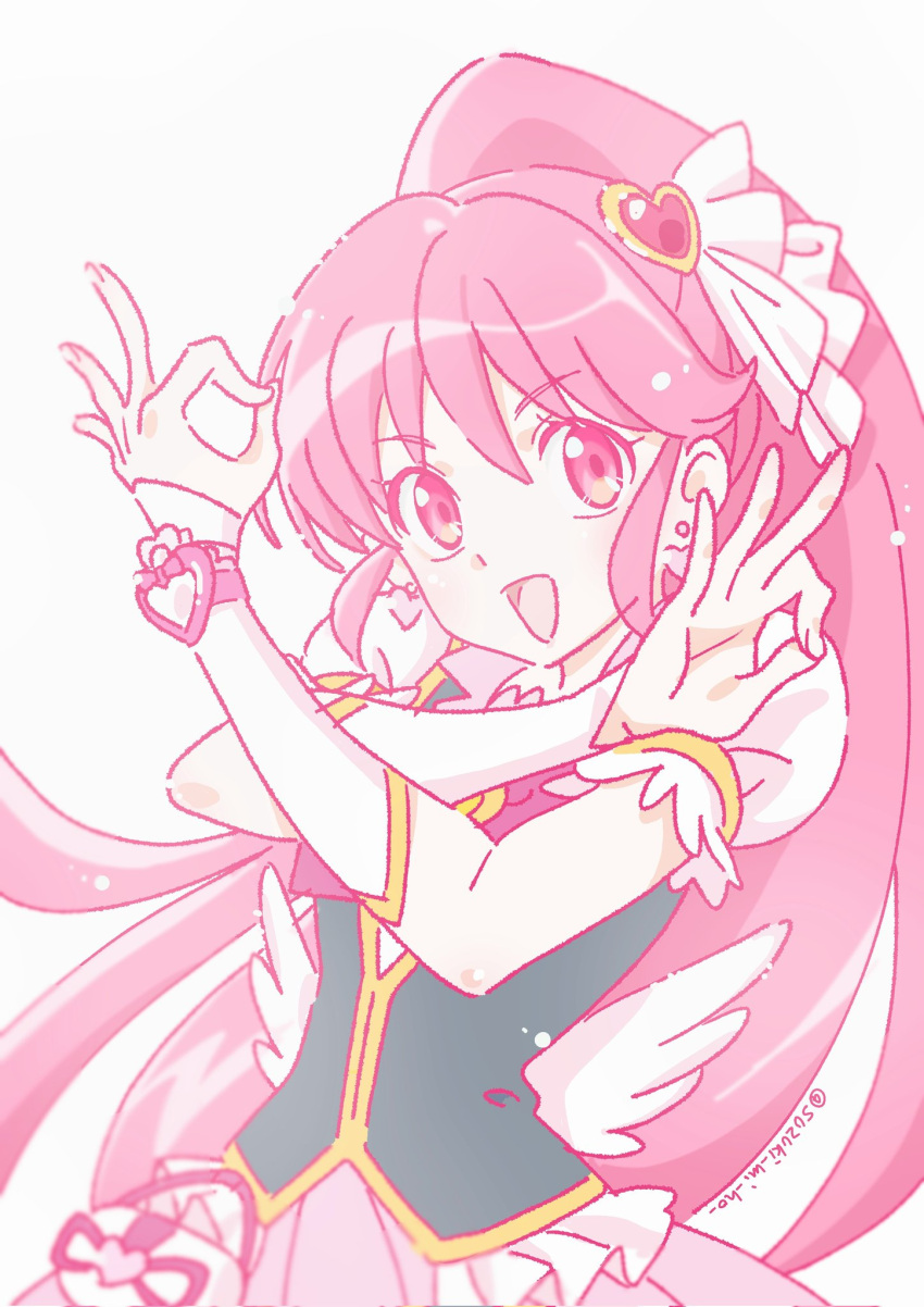 1girl aino_megumi bangs brooch cure_lovely earrings hair_ornament happinesscharge_precure! heart heart_brooch heart_earrings heart_hair_ornament highres jewelry long_hair low_wings magical_girl pink_hair pink_skirt ponytail precure puffy_short_sleeves puffy_sleeves short_sleeves skirt smile solo sugimoto_miho watch wide_ponytail wings wristwatch