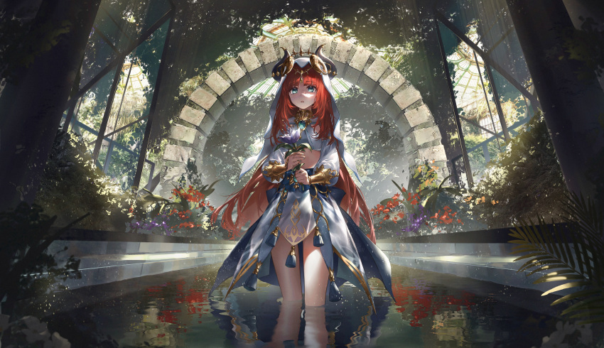 1girl absurdres aqua_eyes arch blush brooch bush crop_top fake_horns flower genshin_impact gold_trim harem_outfit highres holding holding_flower horns indoors jewelry leaf long_hair looking_at_viewer nilou_(genshin_impact) parted_lips plant red_hair reflection reflective_water revision scenery skirt solo standing tassel thighs twintails vambraces veil wading water zeklewa