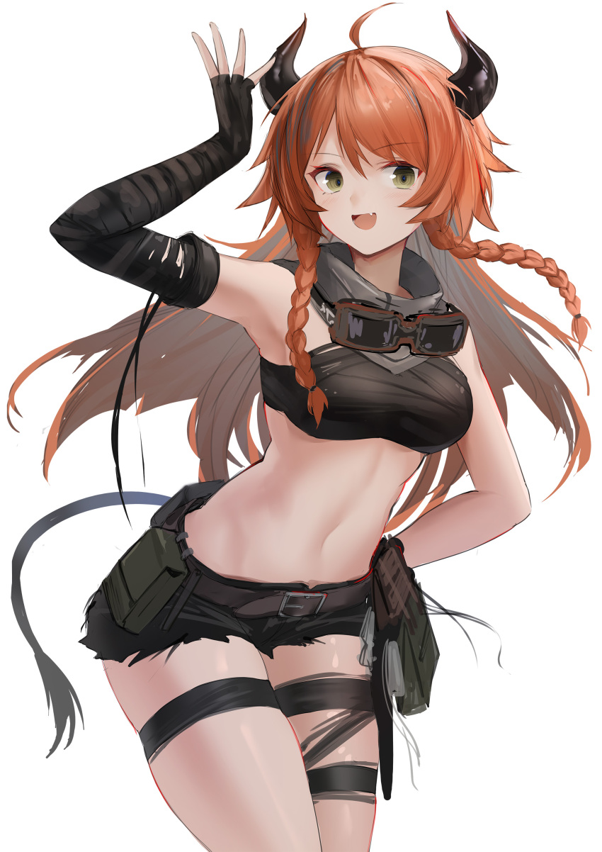 1girl :d absurdres ahoge arknights arm_up bangs bare_shoulders black_gloves black_shorts braid breasts commentary cowboy_shot croissant_(arknights) croissant_(seeker)_(arknights) crop_top cutoffs elbow_gloves gloves grey_eyes highres horns large_breasts long_hair looking_at_viewer midriff navel official_alternate_costume open_mouth orange_hair pouch short_shorts shorts simple_background single_glove skindentation smile solo standing sthk stomach tail thigh_strap thighs twin_braids very_long_hair white_background