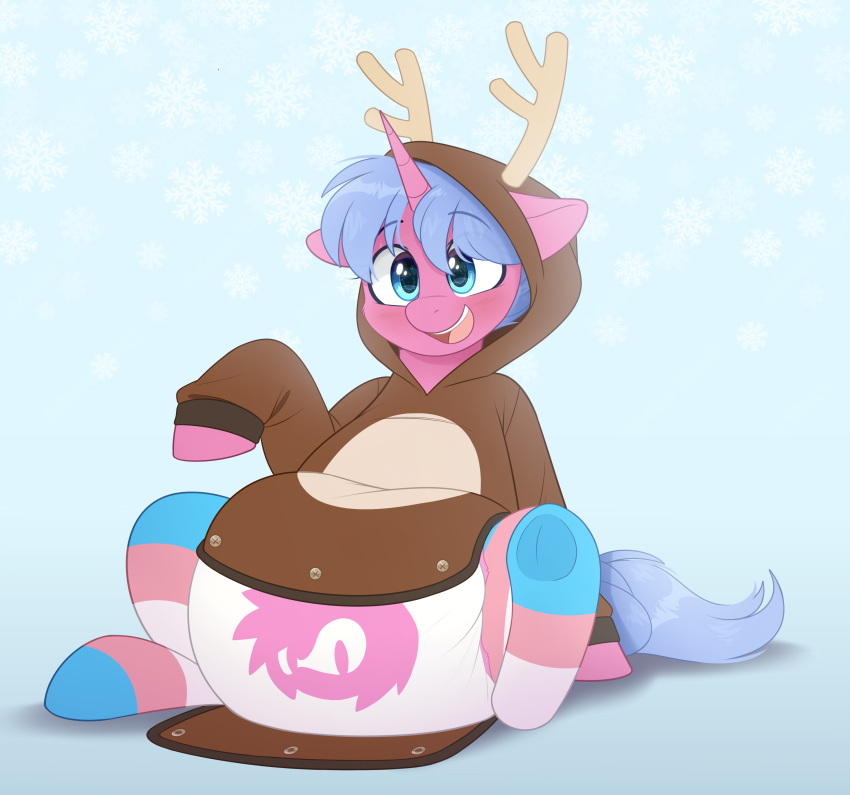 abstract_background absurd_res amy_rose blue_eyes blue_hair clothing diaper digital_media_(artwork) digital_painting_(artwork) equid equine fan_character female feral footwear hair hasbro hi_res horn lgbt_pride looking_at_viewer mammal my_little_pony onesie pride_colors reindeer_costume sega shuphle smile socks sonic_the_hedgehog_(series) trans_(lore) trans_woman_(lore) transgender_pride_colors unicorn unicorn_horn