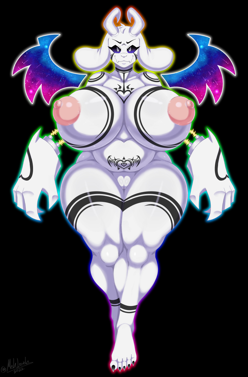 absurd_res anthro asriel_dreemurr asriel_dreemurr_(god_form) big_breasts boss_monster bovid breasts caprine genitals hi_res huge_breasts mammal mehdrawings nipples pussy simple_background tattoo thick_thighs undertale undertale_(series) white_background