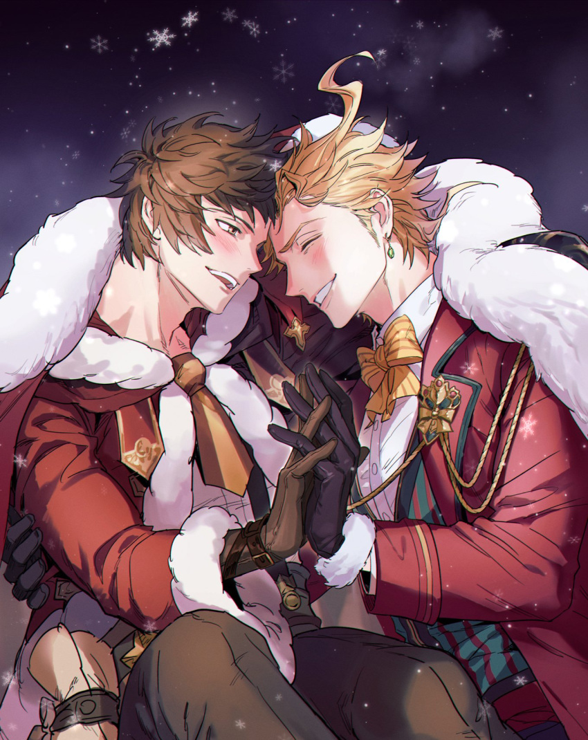 2boys bangs black_gloves black_pants blonde_hair blush bpadult brown_eyes brown_gloves brown_hair cape christmas closed_eyes earrings fur-trimmed_cape fur_trim gloves gran_(granblue_fantasy) granblue_fantasy green_vest hat highres holding_hands jacket jewelry looking_at_viewer male_focus multiple_boys necktie official_alternate_costume open_mouth pants red_cape red_jacket santa_hat seofon_(granblue_fantasy) seofon_(perfect_santa_suit)_(granblue_fantasy) shirt short_hair smile teeth vest white_shirt yaoi