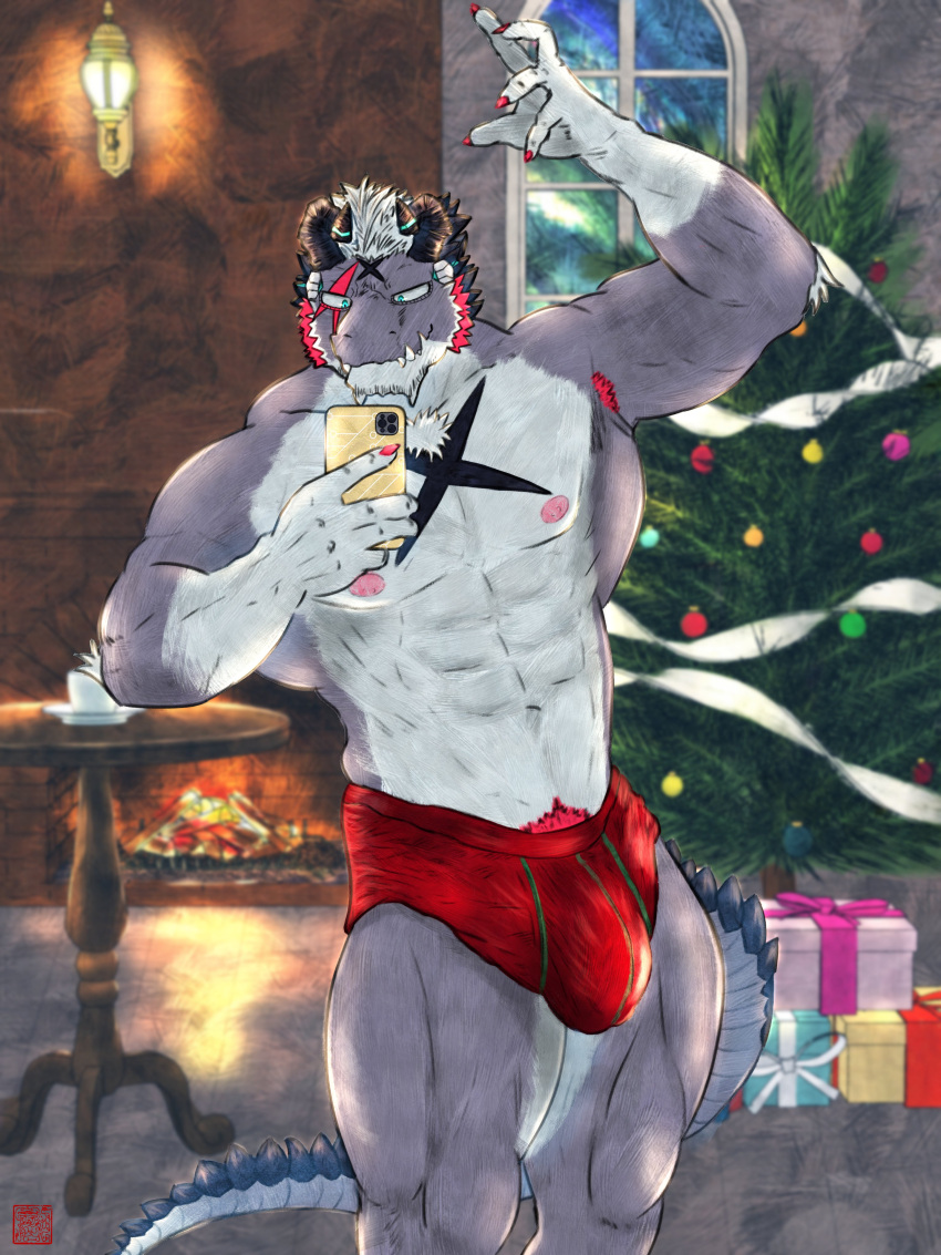 3:4 abs absurd_res anthro big_bulge bulge cellphone christmas christmas_clothing christmas_tree clothing dragon fujisakiaming giansar grey_body grey_scales hair hi_res holidays horn lifewonders live-a-hero male muscular muscular_anthro muscular_legs muscular_male nipples pecs phone plant pubes scales selfie smartphone solo tree white_hair