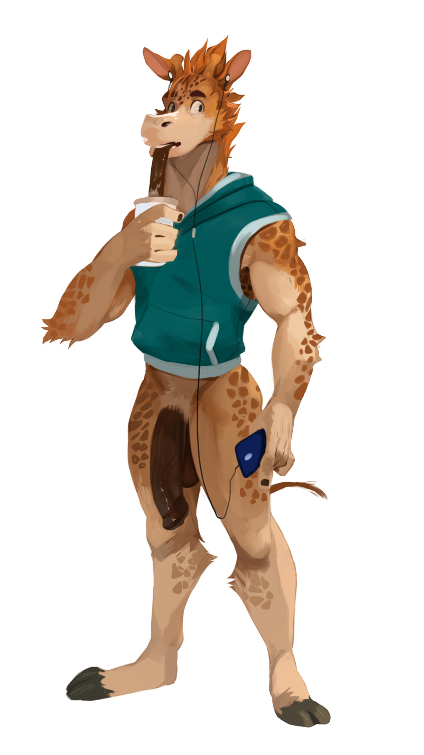 anthro bakemonoy balls big_penis bottomless brown_penis cellphone clothed clothing container cup esteban_(sleepylp) flaccid fur genitals headphones hi_res holding_container holding_cup holding_object holding_phone hooves horn long_tongue looking_at_viewer male ossicone partially_clothed penis phone sleeveless_hoodie smartphone solo spots spotted_body spotted_fur tan_body tan_fur tongue tongue_out