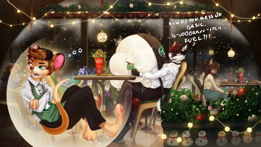 16:9 anthro belly beverage big_belly cafe canid canine christmas clothing coffee diabolusridens digital_drawing_(artwork) digital_media_(artwork) digital_painting_(artwork) e female female/female fur furaffinity group hair hi_res holidays lagomorph leporid male male/male mammal mouse murid murine new_year rabbit rodent text vore vore_planet widescreen