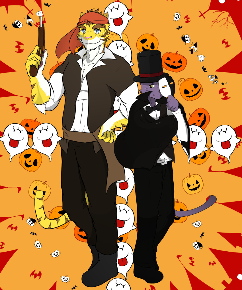 anthro black_tie_(suit) blue_eyes boo_(mario) castle clothing domestic_cat duo felid feline felis food fruit fur gun hi_res male male/male mammal mario_bros mask morenatsu nintendo orange_background pantherine paomer pink_nose pirate_outfit plant pumpkin purple_body purple_fur ranged_weapon shin_(morenatsu) simple_background suit tiger torahiko_(morenatsu) weapon yellow_body yellow_eyes yellow_fur