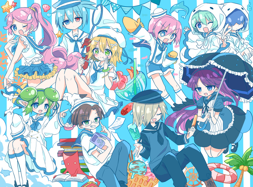 5boys 5girls amitie_(puyopuyo) animal blonde_hair blue_eyes blue_hair brown_hair feli_(puyopuyo) food futaba969649 green_eyes grey_hair highres ice_cream klug_(puyopuyo) lemres_(puyopuyo) lidelle_(puyopuyo) multiple_boys multiple_girls ocean_prince parasol pink_eyes purple_hair puyopuyo puyopuyo_fever raffina_(puyopuyo) rei-kun sig_(puyopuyo) tagme umbrella yu-chan