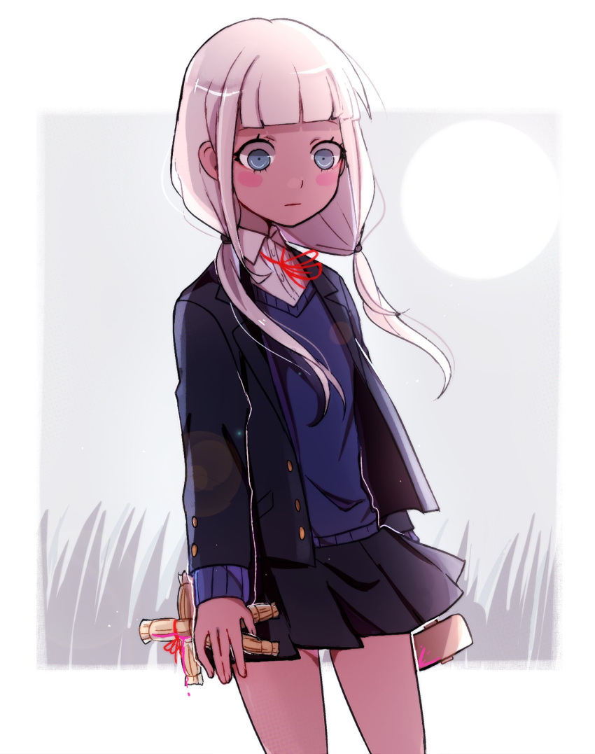 1girl alternate_costume bangs black_jacket black_skirt blunt_bangs blush_stickers buttons collared_shirt cowboy_shot danganronpa_(series) danganronpa_v3:_killing_harmony dark-skinned_female dark_skin drawing dress_shirt ganguro highres huyandere jacket long_hair long_sleeves miniskirt neck_ribbon open_clothes open_jacket red_ribbon ribbon school_uniform shiny shiny_hair shirt skirt solo spoilers twintails white_hair yonaga_angie