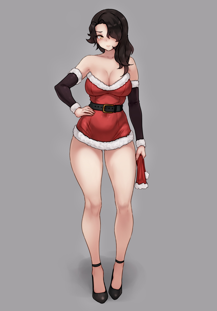 1girl absurdres black_hair bluefield breasts cinder_fall cleavage dress full_body grey_background hand_on_hip hat high_heels highres holding holding_clothes holding_hat large_breasts legs long_hair red_dress rwby santa_dress santa_hat short_dress simple_background standing thighs wavy_hair yellow_eyes