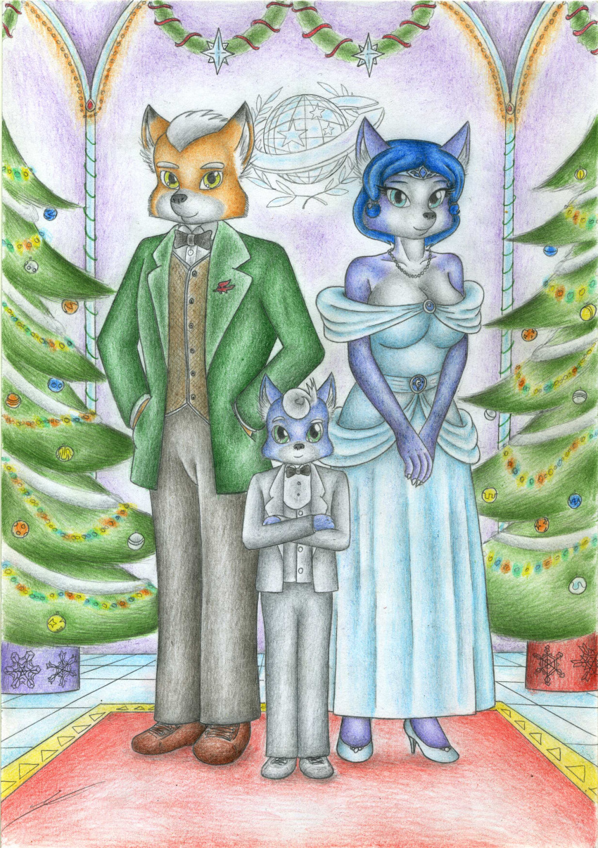 2022 absurd_res anthro black_nose blue_body blue_fur blue_hair breasts canid canine christmas christmas_tree cleavage clothed clothing dress family father father_and_child father_and_son female fox fox_mccloud fur group hair hi_res holidays krystal male mammal marcus_mccloud mother mother_and_child mother_and_son nintendo orange_body orange_fur parent parent_and_child plant sinaherib smile son standing star_fox story story_in_description suit traditional_media_(artwork) tree trio white_hair