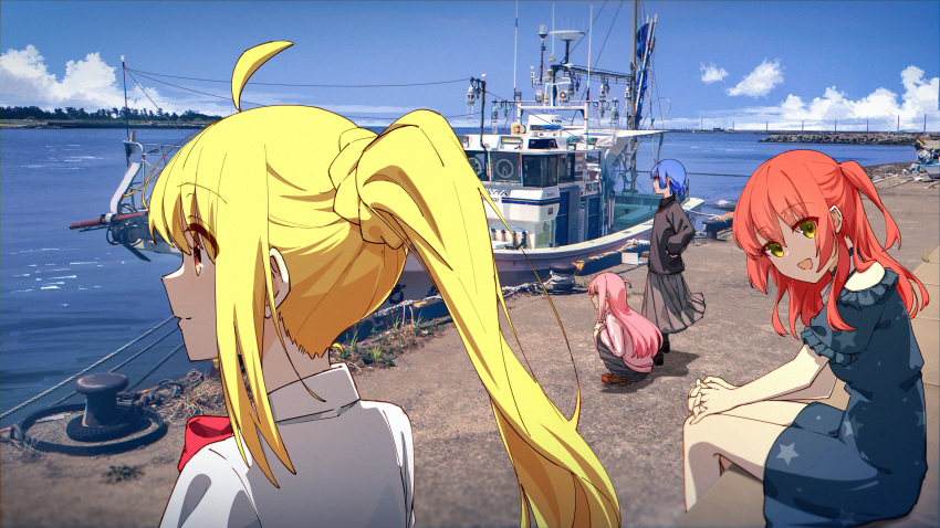 4girls :d absurdres ahoge bangs black_shirt blonde_hair blue_dress blue_eyes blue_hair blunt_ends boat bocchi_the_rock! bow bowtie choker collared_shirt day dock dress frilled_choker frilled_dress frills gotou_hitori grey_skirt hair_between_eyes hands_on_hips hands_on_own_knees head_tilt highres ijichi_nijika jacket jl_tan kita_ikuyo loafers long_hair long_skirt long_sleeves looking_at_viewer looking_away medium_hair multiple_girls ocean off-shoulder_dress off_shoulder one_side_up orange_eyes outdoors own_hands_clasped own_hands_together photo_background pink_hair pink_jacket pleated_skirt ponytail red_bow red_bowtie red_hair shirt shoes short_hair short_sleeves sitting skirt smile squatting standing star_(symbol) star_print track_jacket watercraft white_shirt wind yamada_ryou yellow_eyes