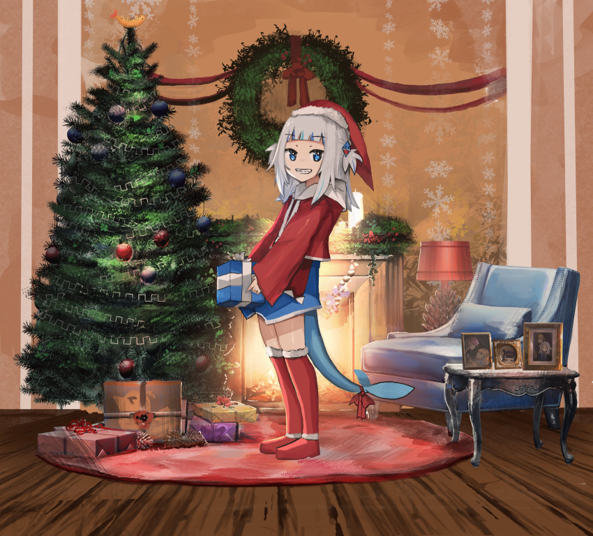 absurdres advarcher bangs blue_eyes blue_hair blue_hoodie blunt_bangs box candle christmas christmas_tree christmas_wreath commentary couch english_commentary fireplace fish_tail from_side full_body gawr_gura gift gift_box grey_hair grin hair_ornament hat highres holding holding_gift hololive hololive_english holomyth hood hoodie indoors lamp long_sleeves looking_at_viewer mori_calliope multicolored_hair multiple_girls ninomae_ina'nis no_pants ornament picture_frame pinecone red_carpet red_footwear red_ribbon red_socks ribbon santa_costume santa_hat shark_girl shark_hair_ornament shark_tail shrimp sleeves_past_wrists smile snowflake_print snowflakes socks solo_focus standing streaked_hair table tail takanashi_kiara two_side_up watson_amelia wooden_floor zettai_ryouiki