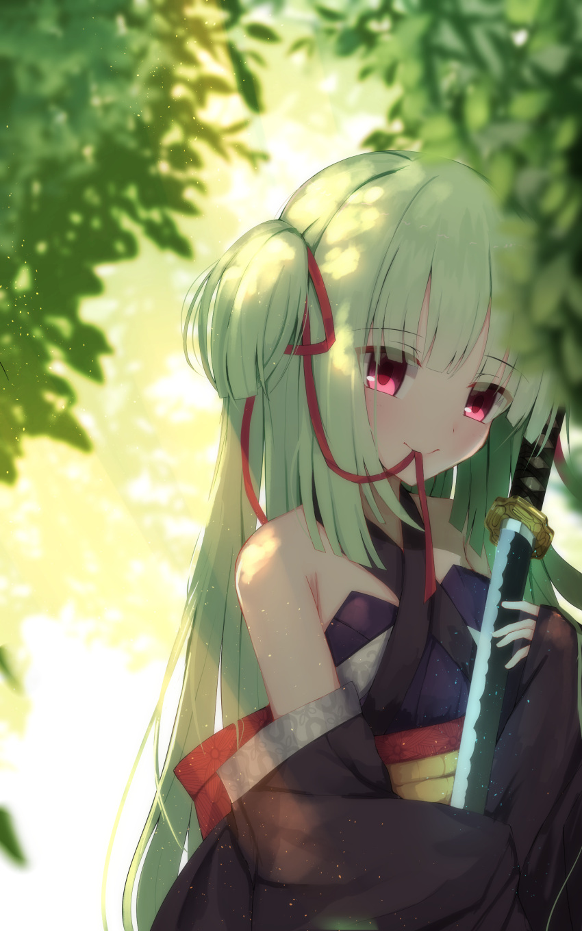 1girl absurdres bangs bare_shoulders black_dress black_sleeves blunt_bangs blush breasts cross-laced_dress detached_sleeves dress glowing glowing_sword glowing_weapon green_hair hair_ribbon half-closed_eyes highres hime_cut holding holding_sword holding_weapon katana leaf long_hair mouth_hold murasame_(senren) nodoameyatou obi outdoors red_eyes red_ribbon ribbon ribbon_in_mouth sash senren_banka sidelocks sleeves_past_wrists small_breasts smile solo sparkle standing straight_hair sunlight sword tree two_side_up very_long_hair weapon wide_sleeves yellow_sash