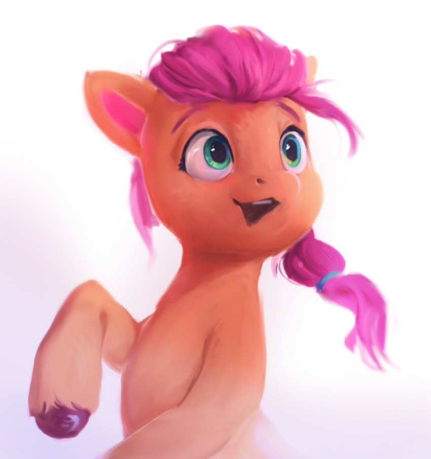 2022 absurd_res braided_hair digital_media_(artwork) digital_painting_(artwork) earth_pony equid equine eyebrows female feral fetlocks fur green_eyes hair hasbro hi_res hooves horse inkhooves mammal mlp_g5 my_little_pony orange_body orange_fur pink_hair pony purple_hooves simple_background smile solo sunny_starscout_(mlp) white_background