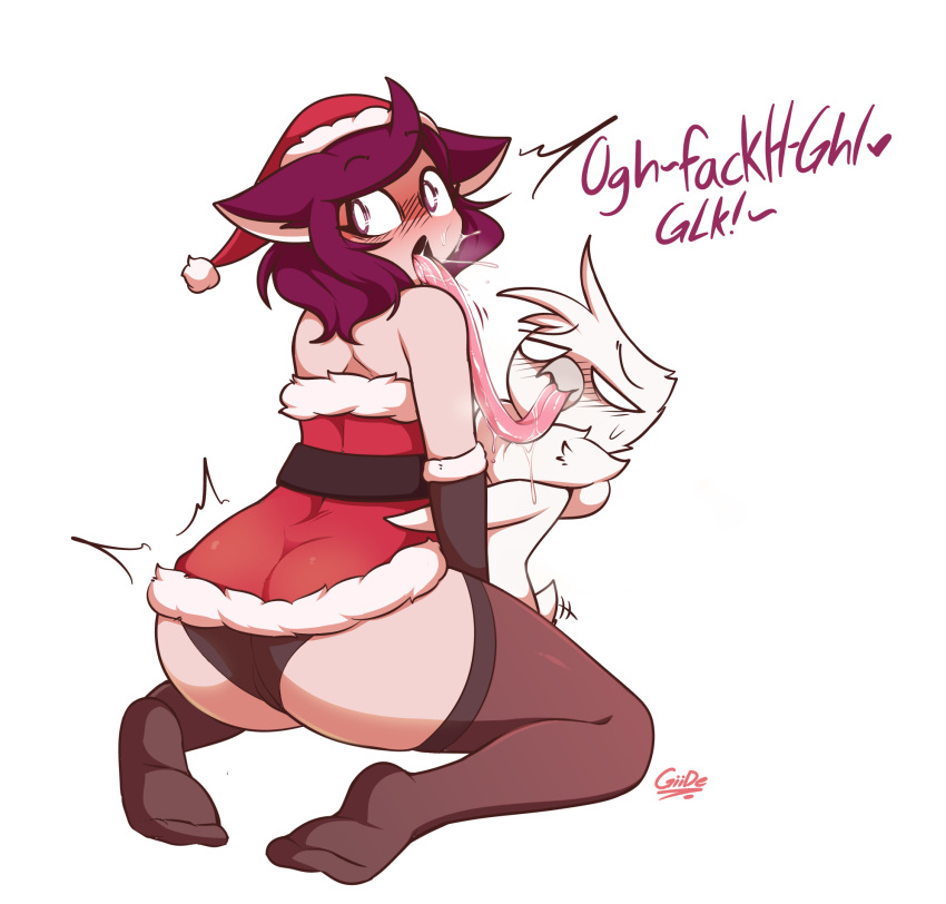 aiko_(giidenuts) anthro avian bird blush bodily_fluids butt christmas christmas_clothing christmas_headwear clothed clothing duo embrace extreme_french_kiss female french_kissing giidenuts headgear headwear hi_res holidays hug human humanoid kissing legwear long_tongue looking_pleasured male male/female mammal penguin rear_view riley_(giidenuts) saliva simple_background size_difference surprise tail_motion tailwag text thigh_highs tongue