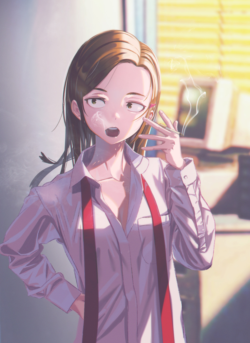 1girl akiba_maid_sensou blinds blowing_smoke brown_eyes brown_hair cigarette collared_shirt commentary_request highres holding holding_cigarette honda_kouhei indoors long_hair monitor open_collar open_mouth sanpaku shirt sidelighting sketch smoke smoking solo tenchou_(akiba_maid_sensou) undone_necktie upper_body white_shirt