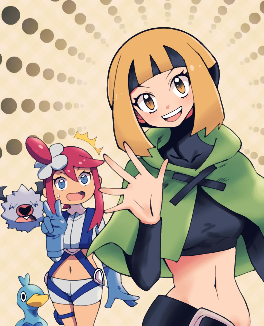 2girls bangs batchgooya black_shirt blue_eyes blue_shirt blue_shorts blunt_bangs breasts capelet crop_top dark-skinned_female dark_skin ducklett gardenia_(pokemon) green_capelet hand_wave highres midriff multiple_girls navel orange_eyes orange_hair orange_pants orange_shorts pants pilot_suit pokemon pokemon_(creature) pokemon_(game) pokemon_bw pokemon_dppt red_hair shirt shorts sidelocks skyla_(pokemon) swept_bangs torn_clothes torn_pants v woobat