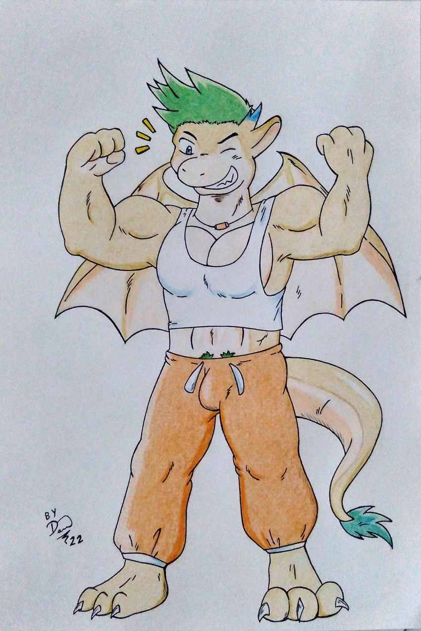 abs absurd_res anthro barazoku blue_eyes bottomwear bulge clothing confident dashthefox dragon dragon_wings flexing flexing_bicep flexing_both_biceps flexing_muscles foot_claws green_hair hair hi_res male mango_(pitiyindee) manly muscular muscular_anthro muscular_male obliques orange_bottomwear orange_clothing orange_pants pants pecs pubes sharp_teeth shirt simple_background solo spread_wings tail_tuft tank_top teeth topwear traditional_media_(artwork) tuft white_background wings