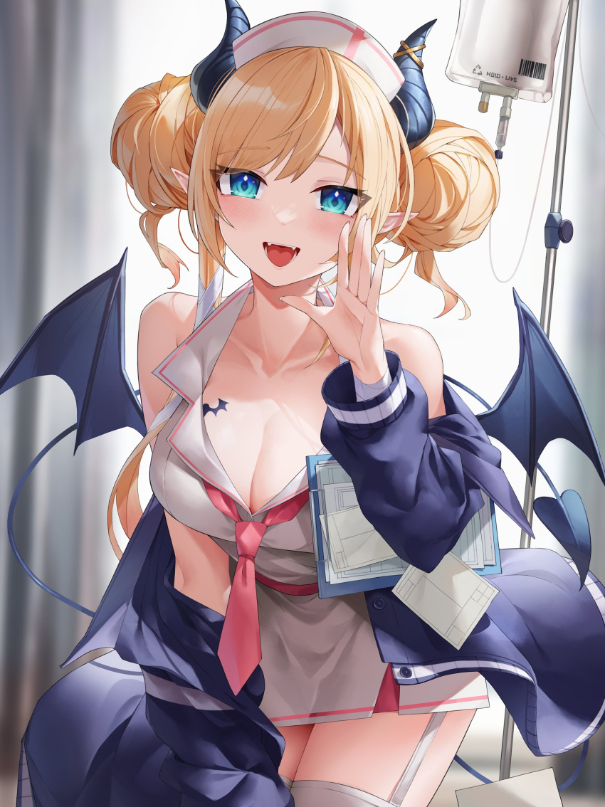1girl absurdres arrow_(symbol) bangs barcode bare_shoulders bat_wings blonde_hair blue_eyes blue_jacket blush breasts chest_tattoo cleavage clipboard collared_shirt commentary_request cowboy_shot demon_girl demon_horns demon_tail double_bun dress fangs hair_bun hand_up hat highres hololive horns hospital indoors intravenous_drip iv_stand jacket kaguya_(srx61800) long_hair long_sleeves looking_at_viewer necktie nurse nurse_cap off_shoulder open_clothes open_jacket open_mouth paper pink_dress pointy_ears recycling_symbol red_necktie shirt solo solo_focus tail tattoo thighhighs track_jacket virtual_youtuber wings yuzuki_choco