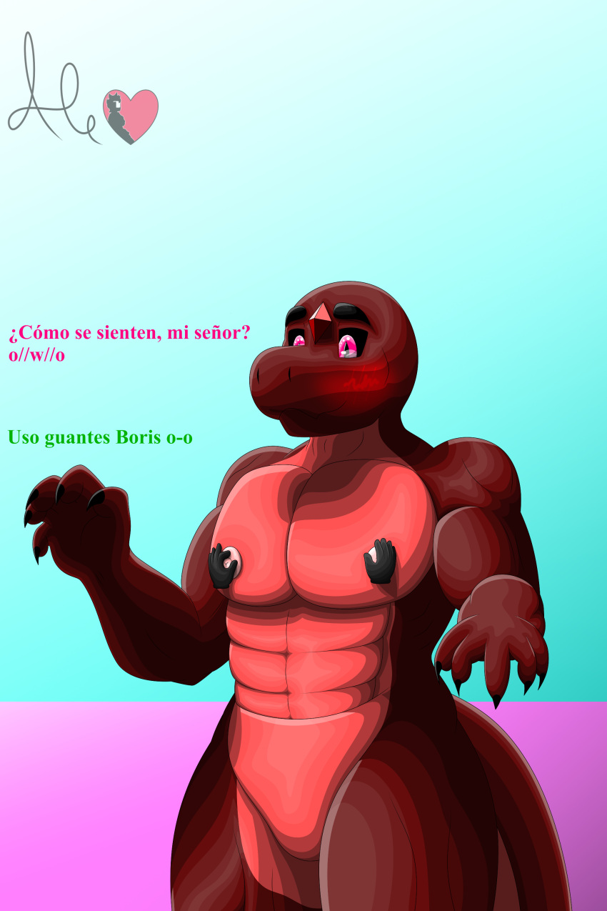 2022 2:3 absurd_res animal_humanoid anthro big_pecs boris_vor digital_drawing_(artwork) digital_media_(artwork) god-ale hi_res humanoid male male/male muscular nipple_fetish nipple_play pecs reptile scalie snake solo spanish spanish_text text