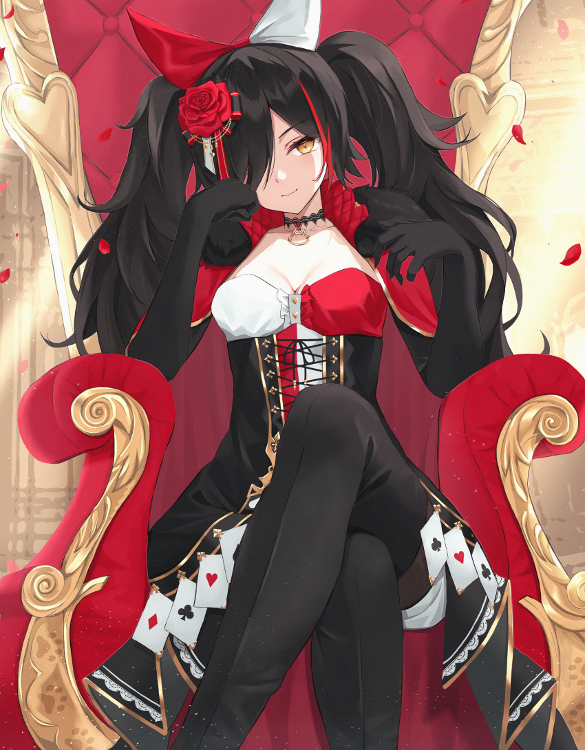 1girl absurdres arm_rest black_choker black_gloves black_hair black_pants black_skirt bow breasts capelet card choker cleavage closed_mouth club_(shape) collarbone commentary_request corset crossed_legs diamond_(shape) dress elbow_gloves falling_petals flower fur_collar gloves hair_flower hair_ornament hair_over_one_eye hand_up head_rest head_tilt heart high_collar highres hololive long_hair looking_at_viewer multicolored_hair norio_(noriosub) official_alternate_costume ookami_mio pants paw_print petals playing_card red_bow red_capelet red_dress red_flower red_hair red_rose rose shiny shiny_hair sidelocks sitting skirt small_breasts smile solo streaked_hair throne twintails two-tone_dress virtual_youtuber white_bow white_dress yellow_eyes