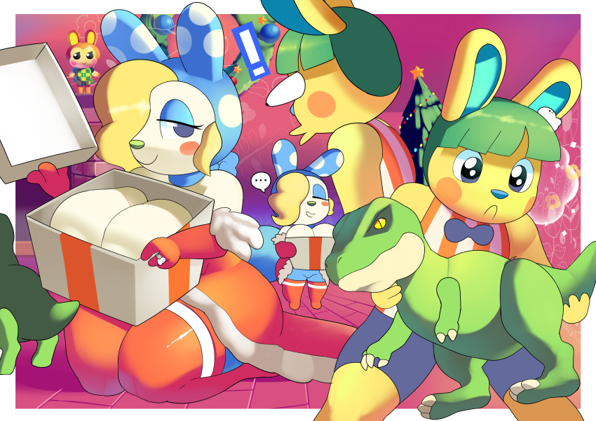 2022 absurd_res aerth animal_crossing anthro breasts clothe clothing digital_media_(artwork) eyelashes eyes_closed female fingers francine_(animal_crossing) gift green_nose hair hi_res legwear nintendo smile toby_(animal_crossing)