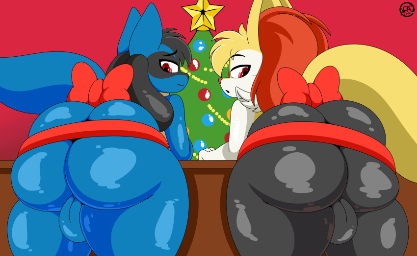 absurd_res anthro backsack balls bent_over big_butt black_hair black_pupils bow_ribbon braixen butt christmas christmas_decorations christmas_tree duo generation_4_pokemon generation_6_pokemon genitals hair hi_res holidays huge_butt inner_ear_fluff looking_at_viewer looking_back lucario male multicolored_body nintendo nr_ac plant pokemon pokemon_(species) pupils red_eyes thick_thighs tree tuft two_tone_body wide_hips