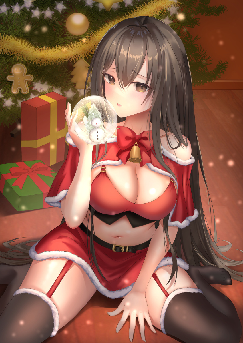 1girl absurdres bangs bare_shoulders bell black_hair black_thighhighs box breasts christmas christmas_tree cleavage fur_trim gift highres indoors large_breasts long_hair looking_at_viewer navel off_shoulder original parted_lips raurashun red_garter_straps sitting snow_globe solo stomach thighhighs thighs wariza wooden_floor