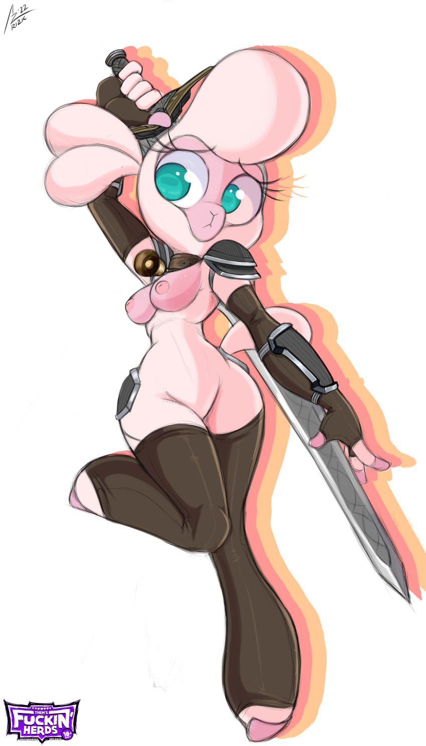 absurd_res aer0_zer0 anthro anthrofied bovid breasts caprine clothing eyelashes featureless_crotch female hi_res holding_object holding_sword holding_weapon legwear mammal melee_weapon nipples pom_(tfh) sheep solo sword them's_fightin'_herds thigh_highs weapon wide_hips
