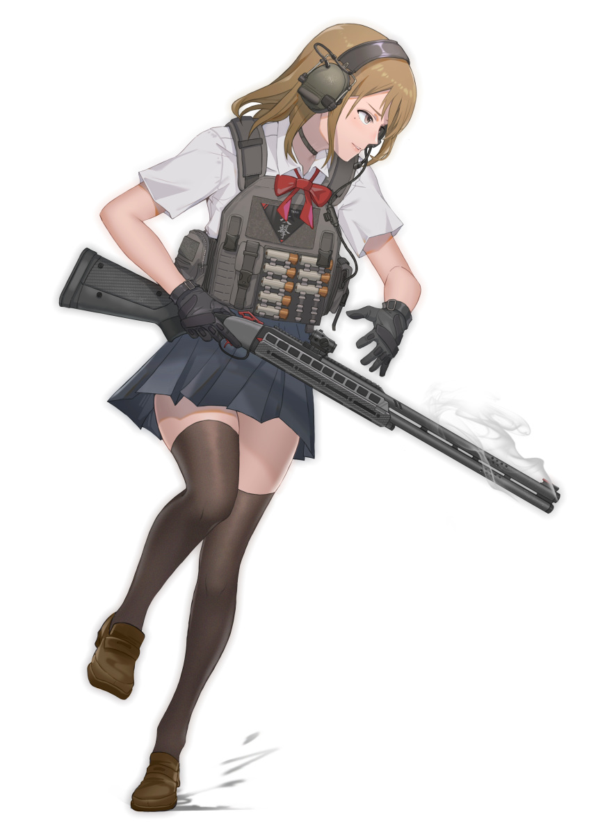 1girl absurdres ammunition bangs black_gloves black_thighhighs bow bowtie brown_eyes brown_footwear brown_hair cable chinese_text choker collared_shirt ear_protection full_body gloves grey_eyes grey_skirt grey_vest gun highres holding holding_gun holding_weapon leg_up lips loafers long_hair looking_to_the_side medium_hair microphone mole mole_under_eye optical_sight original parted_lips plate_carrier pleated_skirt pouch red_bow red_bowtie shirt shoes shotgun shotgun_shell simple_background skirt smoke solo somnuss thighhighs triangle trigger_discipline turning_head vest weapon weapon_request white_background white_shirt