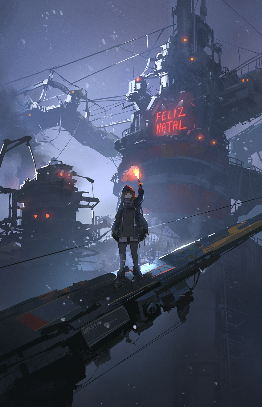 1girl arm_up beanie black_dress black_headwear black_jacket boots brown_hair building dress flare hat highres holding industrial jacket medium_hair natal original outdoors qosic science_fiction solo standing thighhighs