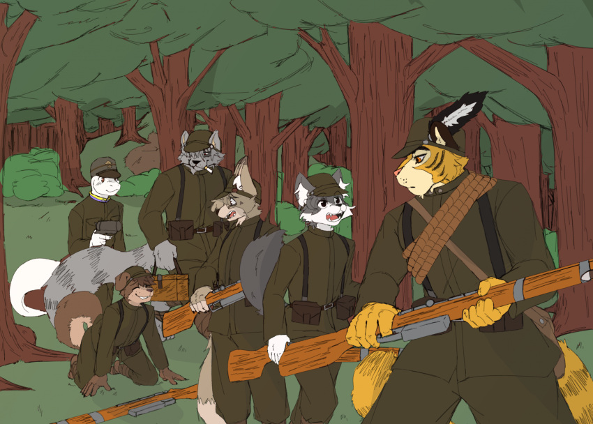 2022 adam_manchester albino anthro belt butcher_pal canid canine canis cigarette claws clothed clothing coat detailed_background digital_drawing_(artwork) digital_media_(artwork) domestic_dog felid fennec fingers flare_gun forest fox green_clothing group gun hat headgear headwear hi_res hybrid lizard looking_back male mammal military military_cap military_jacket military_uniform officer open_mouth orange_eyes pantherine plant procyonid raccoon ranged_weapon reptile rifle scales scalie smile soldier standing tiger topwear tree uniform warrior weapon white_body white_scales wolf world_war_1