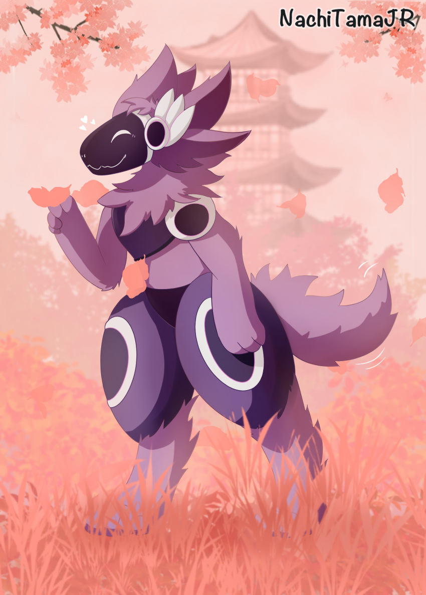 andromorph anthro branch building canid canine detailed_background emoji feral fox fur grass hi_res humanoid intersex leaf machine male mammal nachitamajr pink_background plant protogen protogen_visor purple_body purple_ear purple_fur screen screen_face simple_background smile solo structure text tree white_eyes