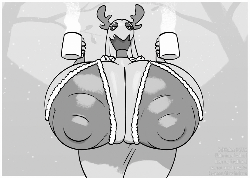 antlers areola big_areola big_breasts big_nipples bikini bikini_top borisalien breasts clothing container cup female froslass generation_4_pokemon half-closed_eyes hi_res holding_container holding_cup holding_object horn huge_breasts humanoid hyper hyper_breasts looking_at_viewer monochrome narrowed_eyes nintendo nipple_outline nipples pokemon pokemon_(species) solo swimwear