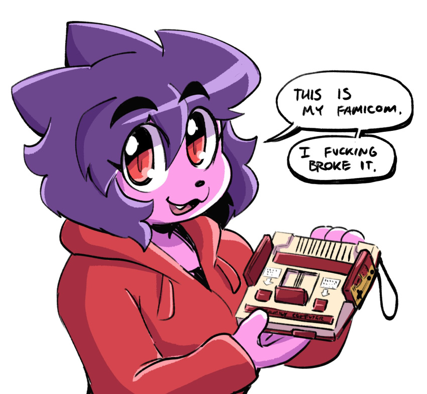 2022 4_fingers anaugi anthro clothed clothing cute_fangs dialogue domestic_cat english_text famicom famicom_console famicom_controller felid feline felis female fingers fur hair hi_res holding_object hoodie looking_at_viewer mammal nintendo open_mouth open_smile penny_(anaugi) pink_body pink_fur purple_hair red_eyes short_hair simple_background smile solo speech_bubble talking_to_viewer text topwear white_background