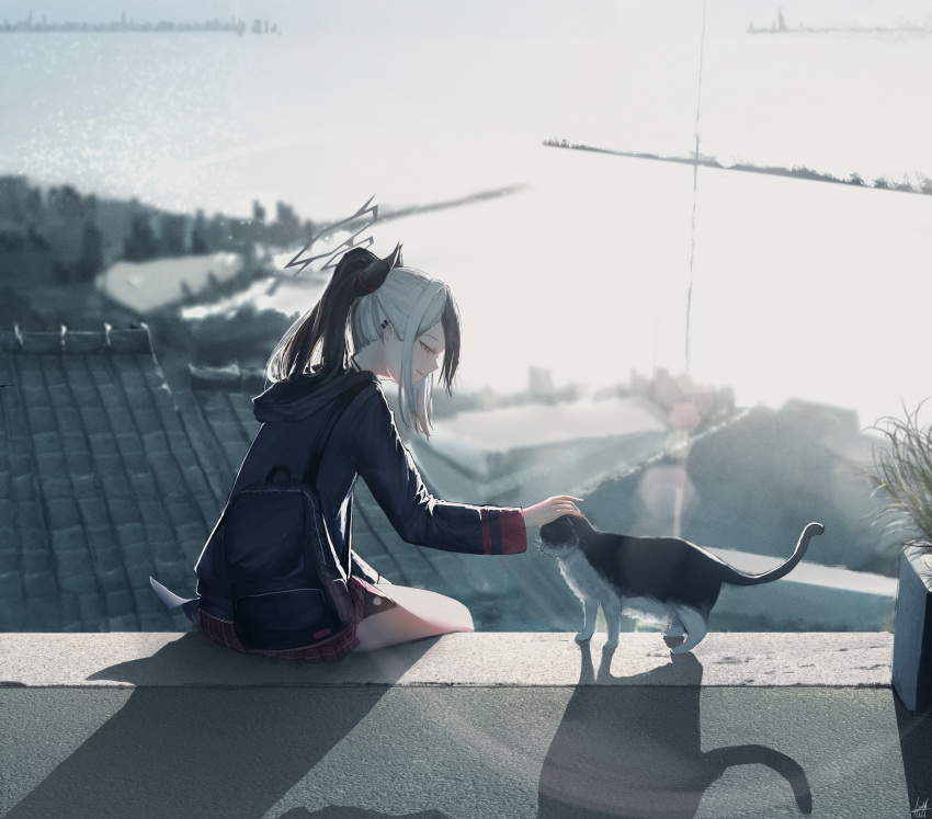 1girl absurdres black_hair blue_archive cat demon_horns earclip high_ponytail highres hood hoodie horns kayoko_(blue_archive) kyatto-mikazu multicolored_hair petting red_eyes rooftop sidelocks sitting sunlight white_hair