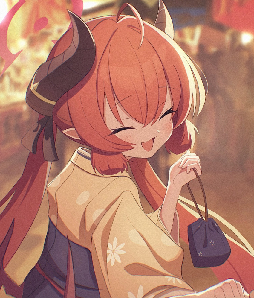 1girl ahoge atat250 bag blue_archive blurry blurry_background blush closed_eyes drawstring_bag facing_viewer fang hakama halo highres holding holding_bag horns japanese_clothes junko_(blue_archive) junko_(new_year)_(blue_archive) kimono kinchaku long_hair long_sleeves looking_back open_mouth outdoors pointy_ears pouch red_hair sidelocks skin_fang smile solo twintails upper_body yellow_kimono