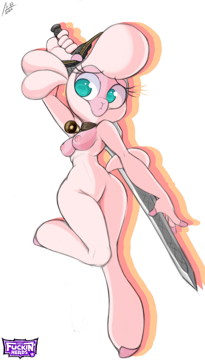 absurd_res aer0_zer0 anthro anthrofied bovid breasts caprine clothing eyelashes featureless_crotch female hi_res holding_object holding_sword holding_weapon legwear mammal melee_weapon nipples pom_(tfh) sheep solo sword them's_fightin'_herds thigh_highs weapon wide_hips
