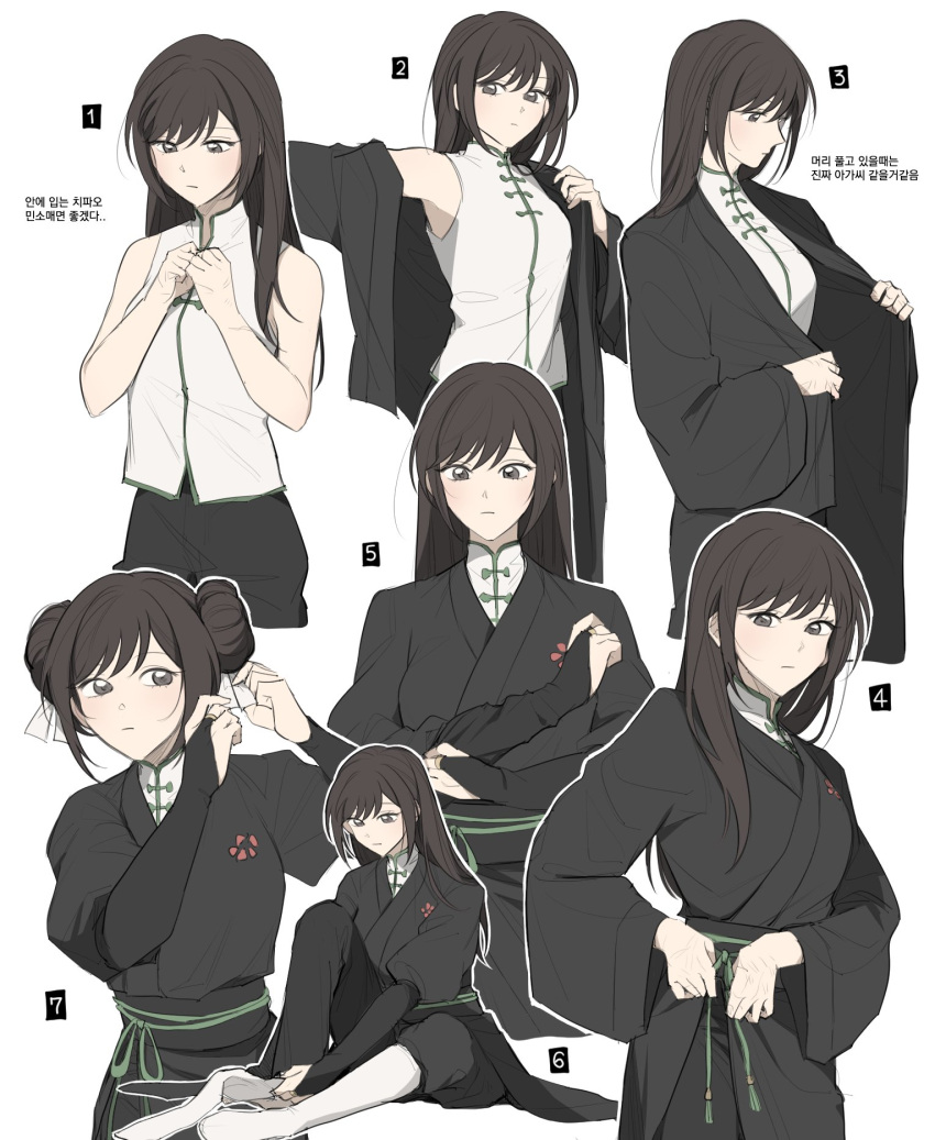 1girl black_pants blush brown_hair character_request closed_mouth double_bun dressing expressionless fingerless_gloves gloves hair_bun hairdressing highres hssdcc long_hair long_sleeves pants return_of_the_mount_hua_sect sash shirt thighhighs uniform upper_body white_shirt