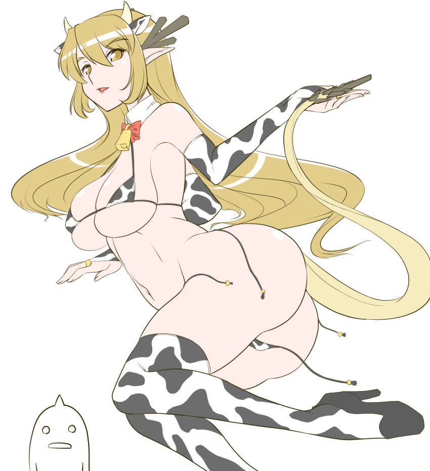 1girl animal_ears animal_print antlers ass bangs bare_shoulders bell bikini black_footwear blonde_hair bow bowtie breasts bridal_gauntlets cleavage cow_ears cow_horns cow_print cowbell detached_collar dragon_girl dragon_tail fingernails futaba_channel hair_between_eyes high_heels highres horns jewelry kouryuu_(nijiura_maid) large_breasts lips long_hair lying micro_bikini midriff navel neck_bell nijiura_maids on_side open_mouth pink_lips pointy_ears print_bikini print_legwear red_bow red_bowtie ring ruriwo_(ruriwo1894) shoes simple_background skindentation solo swimsuit tail thighhighs thighs underboob undone_bikini untied untied_bikini white_background yellow_eyes yellow_horns yellow_tail