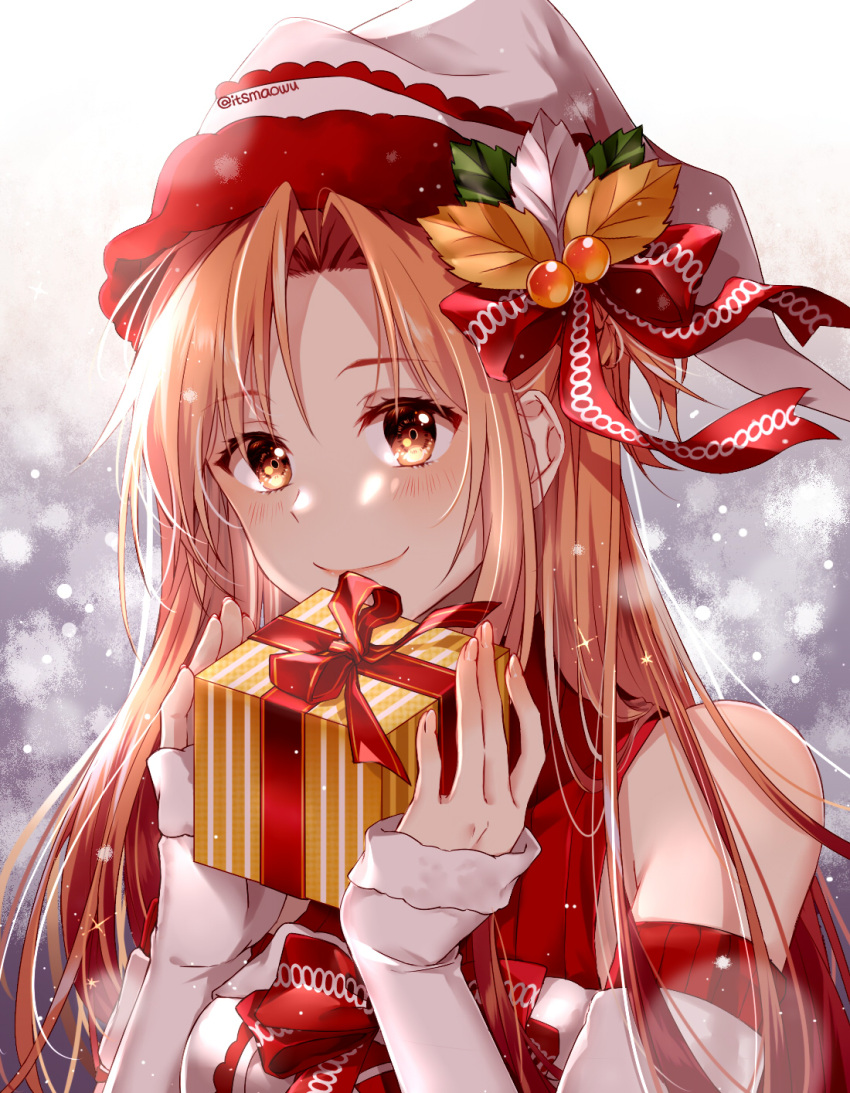 1girl asuna_(sao) asymmetrical_bangs bangs blurry blurry_background box braid brown_eyes brown_hair christmas christmas_sweater closed_mouth detached_sleeves fur-trimmed_headwear gift gift_box hair_ribbon hat highres holding holding_gift istriri light_blush long_hair looking_at_viewer mistletoe_hair_ornament red_ribbon red_sweater ribbon santa_hat sleeveless sleeveless_sweater smile snowing solo sweater sword_art_online twitter_username upper_body white_headwear white_sleeves